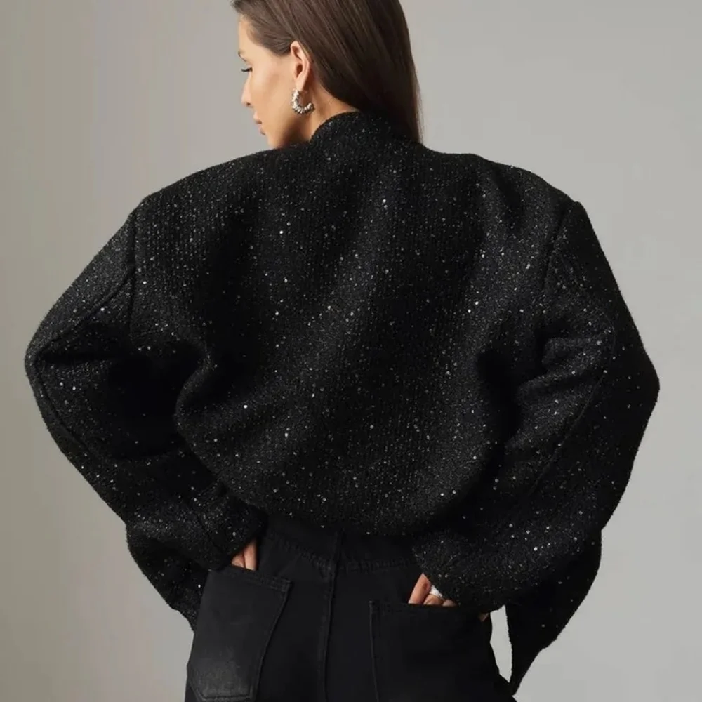 Tweed Sequin Jacket Women Fashion Coat Trend Casual Warm Chic Elegant FemaleCoat - Picture 2 of 3